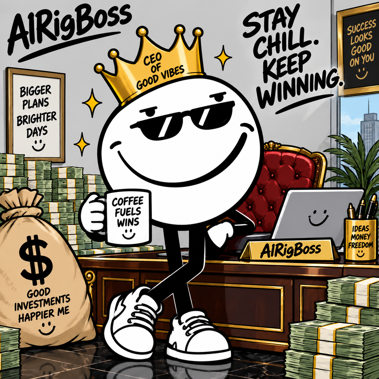 AIRigBoss wearing a gold crown and sunglasses, relaxing at his office desk