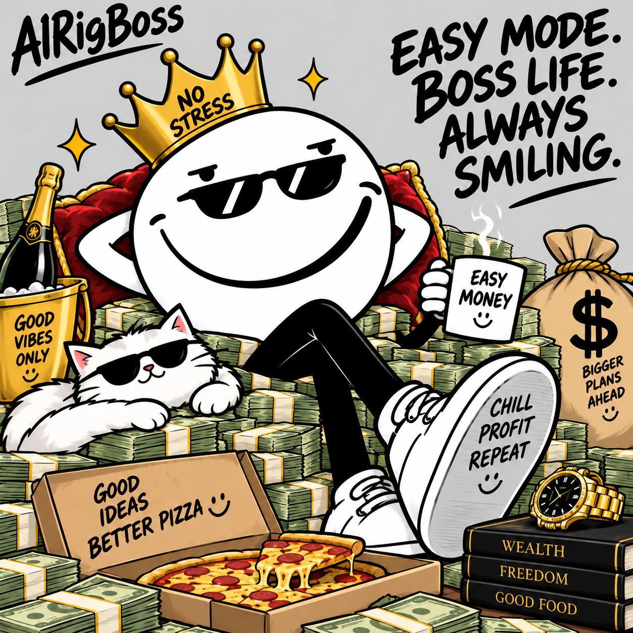 AIRigBoss relaxing with pizza and his cat